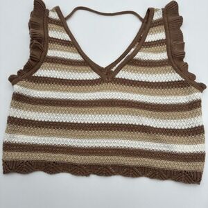 Madden NYC Women L Brown Striped Knit Ruffle Y2K Crop Top V-Neck Retro Boho